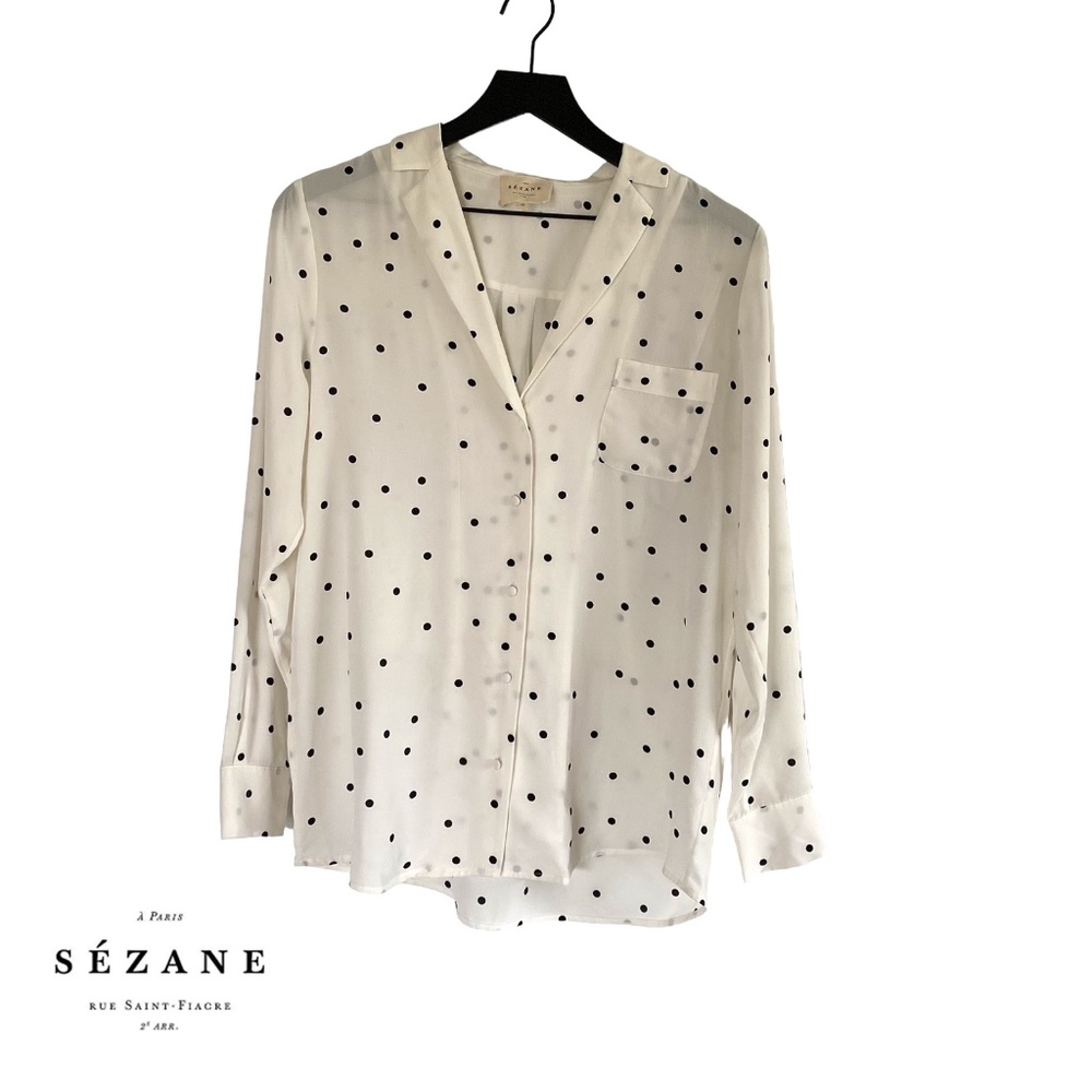Sézane Size 6 Medium (FR 38) Silk White-Black Polka Dot Top Blouse - Excellent